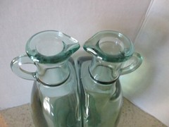 2 OIL & VINEGAR BOTTLES, VETRERIA ETRUSCA ITALY, 16 OZ BOOKEND STYLE, GREEN TINT