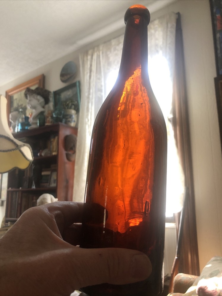 antique wine bottle Blobtop Blood Red Amber Color Think Window Color!