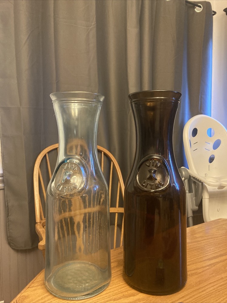 vin litre french glass carafes huge 18 1/4 inch aqua and brown 150 or 85 per