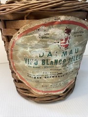 Vtg Wicker Wrapped Demijohn Label DALMAU Spain Green Glass Wine Bottle 13” tall