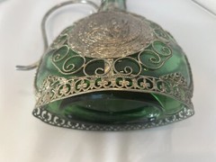 ANTIQUE 9.5” FILIGREE Wrapped Emerald GREEN GLASS Decanter