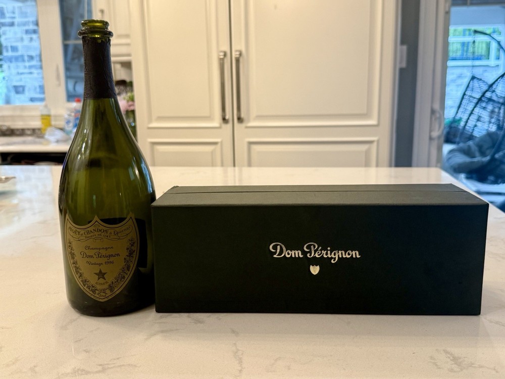 Vintage Dom Perignon 1996 Dark Green Champagne Empty Bottle, Box, Pamphlet