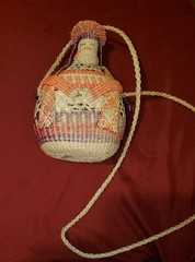 Vintage Wicker Demijohn Wine bottle Lady design w/neck strap made in Ecuador