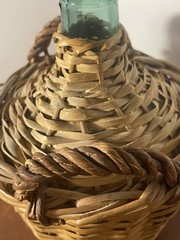Vintage V. Levante Spanish wicker covered green glass demijohn bottle See Pics