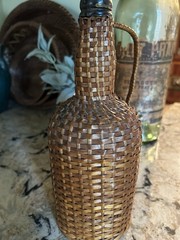 Vtg Wicker Wrapped Demijohn Glass Wine Bottle Rustic Boho Jug 11”