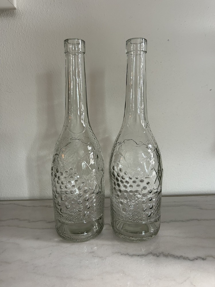 Nice! Set Of 2 Vintage Wine Bottles, Clear Glass Embossed Grapes & Leaves 12”