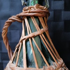 Vtg 2L European 16&Prime; Wicker Covered Demijohn Bottle w/Baled Porcelain Stopper