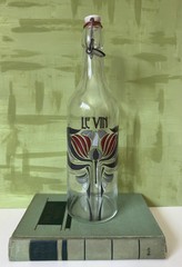 LE VIN Vintage French Wine Glass Bottle, Porcelain Stopper; Art Nouveau Style