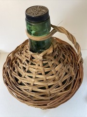 Vtg Wicker Wrapped Demijohn De Muller Viresa Spain Green Glass Wine Bottle 13”H*