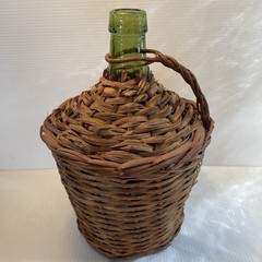 Vtg Wicker Wrapped Demijohn De Muller Spain Green Glass Wine Bottle 12.5”h x 8”w