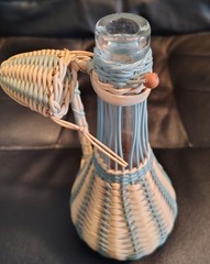 Vintage Spanish Plastic Woven Wicker Decanter Glass Bottle 60-70s – Teal-Ivory