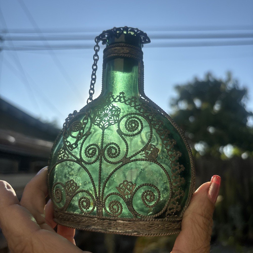 Vintage Silvered Copper Wire Filigree Wrapped Bottle, Greece