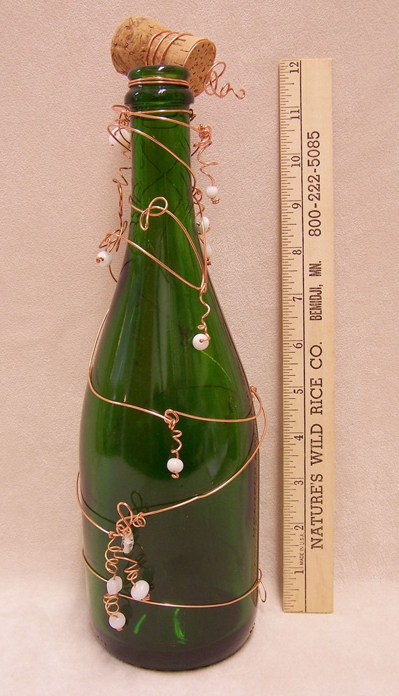 Green Wine Bottle Decorated with Copper Wire & White Beads With Popped Cork