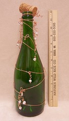 Green Wine Bottle Decorated with Copper Wire & White Beads With Popped Cork