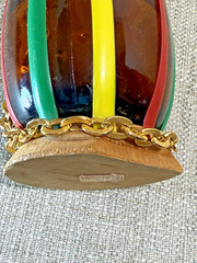 VTG MCM Amber Glass Norleans Spain Decanter Bottle Scoubidou Woven Vinyl Wicker