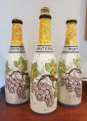 3 DECORATIVE Wine Bottles Hand Painted CHAMPAGNE REIMS PORTUGAL Bordeaux FRANCE
