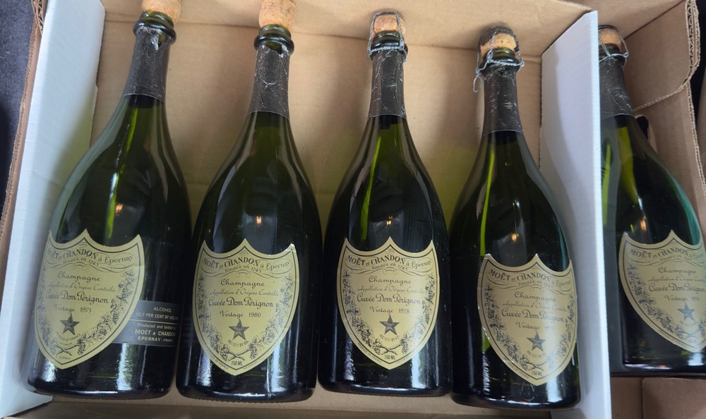 Dom Perignon Empty Bottles Vintage Set 1973 1976 1978 1980 OG Corks Rare MCM