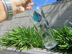 Hand Painted Empty Clear Wine Bottle, Leaves Shades of Blue, Green and Purple