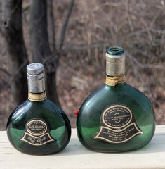 2 VTG MATEUS ROSE GREEN GLASS WINE BOTTLES EMPTY SOGRAPE PORTUGAL 12 & 6.1 Fl Oz
