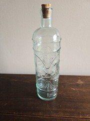La Mediterranean Blown Teal Glass Wine Bottle/Decatur W/Cork Embossed Grapes
