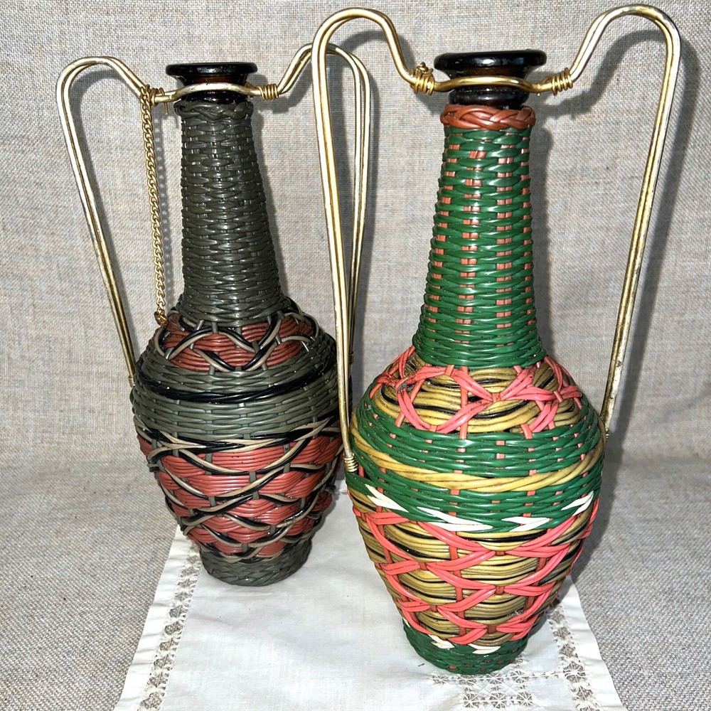 Vintage Viresa Spain Wine Bottles Plastic Woven Wicker Metal Handle Empty- Pair