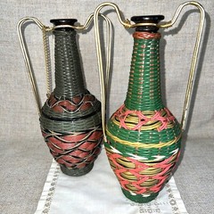 Vintage Viresa Spain Wine Bottles Plastic Woven Wicker Metal Handle Empty- Pair