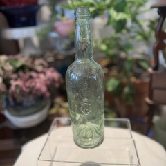 Pedro Domecq VTG Spanish Wine Embossed Crest Aqua Blown Glass Bottle 11.5”