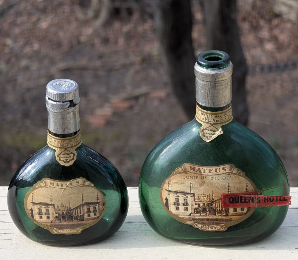 2 VTG MATEUS ROSE GREEN GLASS WINE BOTTLES EMPTY SOGRAPE PORTUGAL 12 & 6.1 Fl Oz