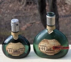 2 VTG MATEUS ROSE GREEN GLASS WINE BOTTLES EMPTY SOGRAPE PORTUGAL 12 & 6.1 Fl Oz