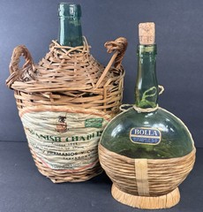 Vintage Wicker Wrapped Wine Bottles Lot – Spanish Chablis 1966 & Bolla Italy