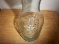 Clear-blue/green Glass Wine Carafe 10&Prime; Vtg Paul Masson Since 1852, bldg on front