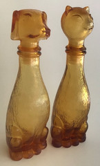 Empoli Figural Cat Dog Amber Glass Carafe Decanter Genie Bottle Pair MCM 1960s