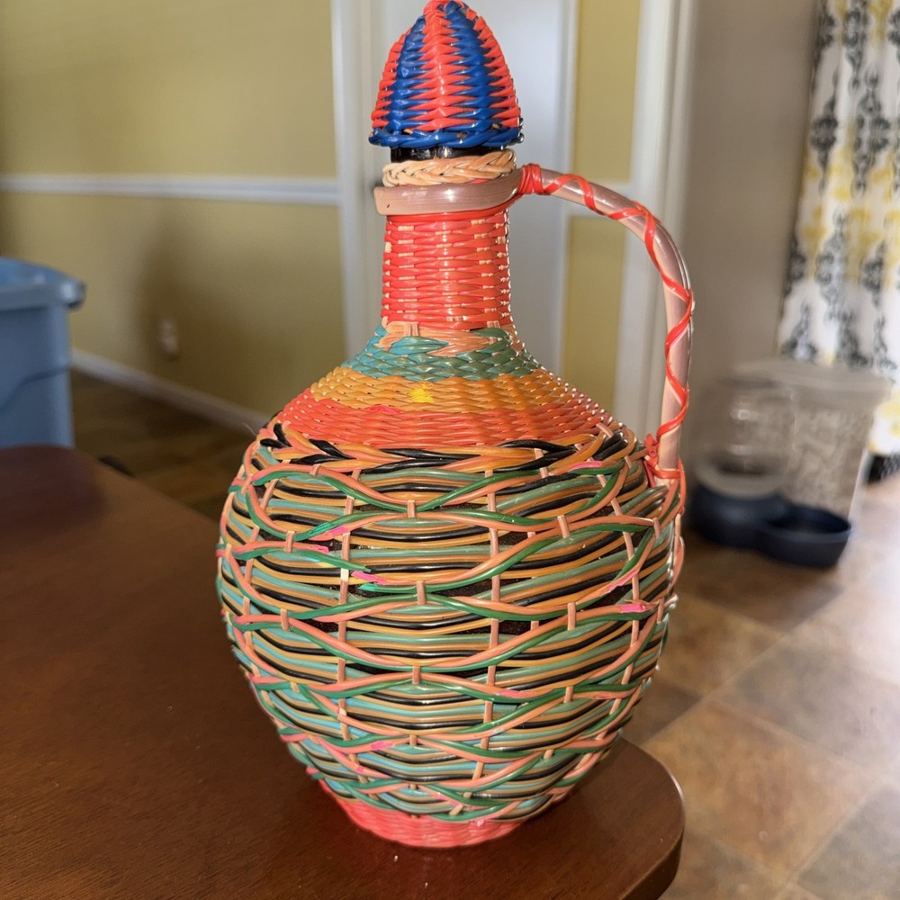 Vintage Scoubidou Woven Colorful V Levante brown Wine Bottle Spain Boho