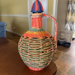 Vintage Scoubidou Woven Colorful V Levante brown Wine Bottle Spain Boho