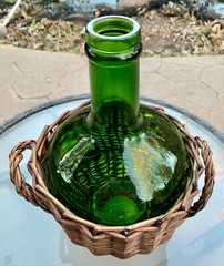 Vintage Emerald Green Glass Demijohn Wine Bottle in Wicker Basket Glass Carboy