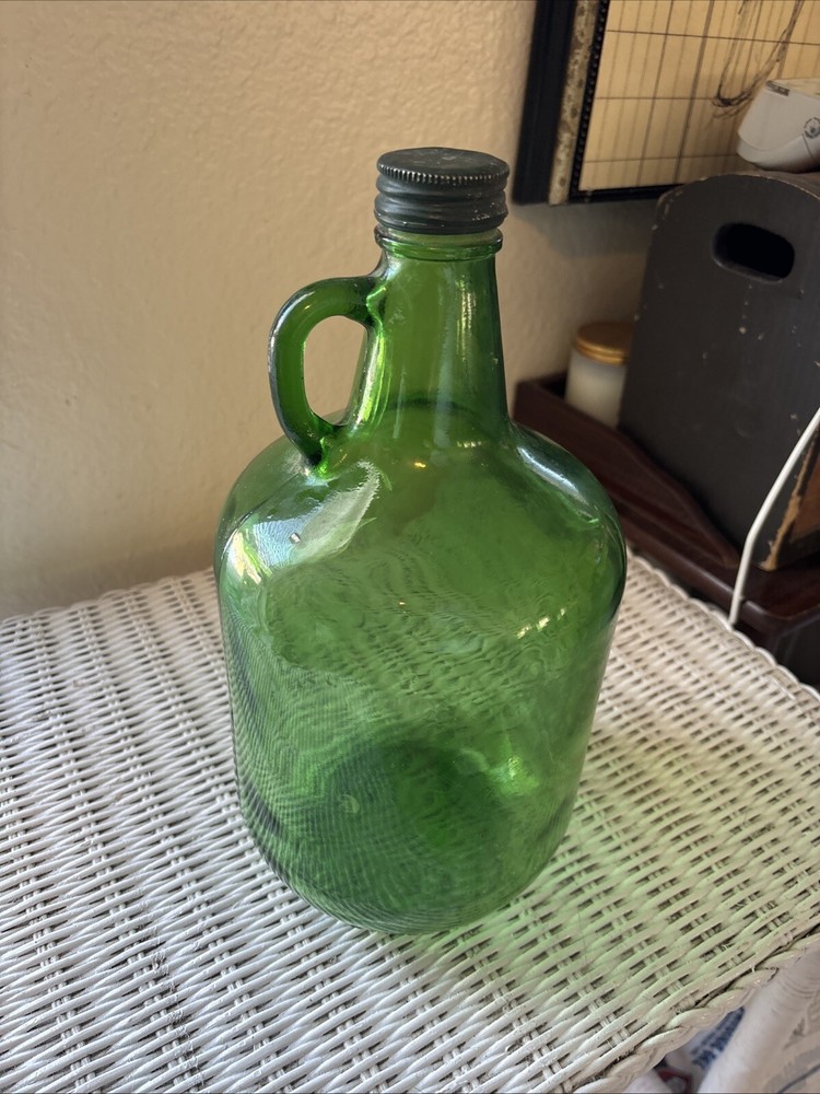 Vintage 3 Liter Green Glass Bottl With Handle And Lid