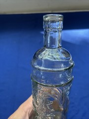 La Mediterranean Blown Teal Glass Wine Bottle W/Cork Embossed Grapes