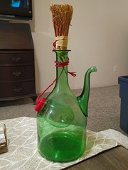 Vintage hand blown Italian green glass wine decanter with ice chamber