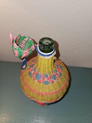 Vintage Mid Century Viresa Green Glass Bottle Woven With Rattan
