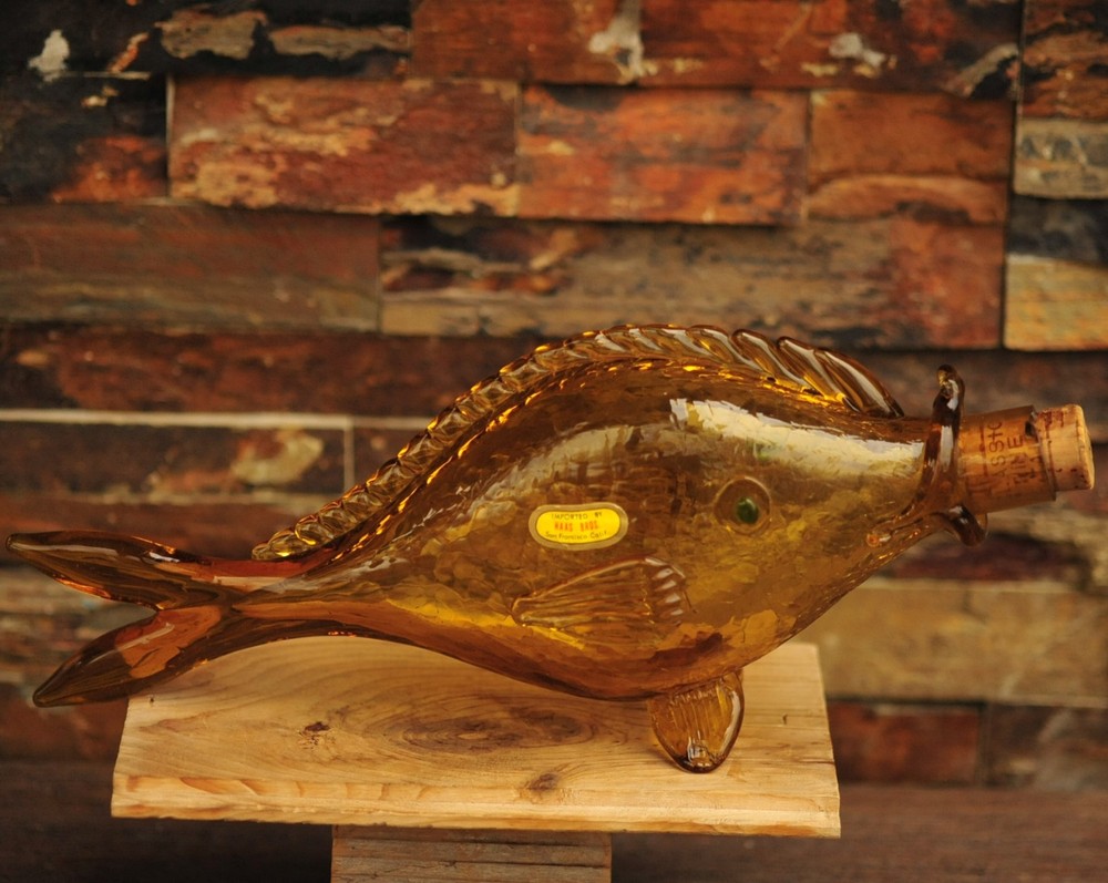 Vintage Haas Bros California Glass Fish Decanter Bottle Amber w/ Green Eyes 15&Prime;