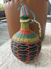 Vintage Spain Wine Bottle Plastic Woven Wicker Handle Empty Boho