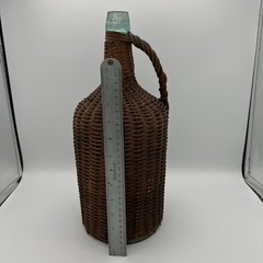 Antique Wicker Wrapped Aqua Glass Demijohn Demi John Bottle Jug Wine Basket
