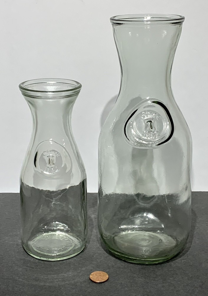 2 Vtg Embossed Paul Masson “Since 1852” Carafe Decanter Glass Wine/Milk Bottles.