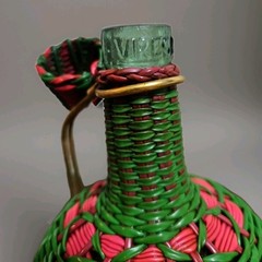 Vintage Green Viresa Glass Bottle Wrapped In Colorful Plastic Wicker 9.5” Tall