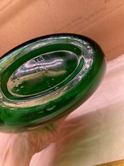 Emerald Green Glass Oval Bottle 8” Tall Vintage Bocksbeutel 313 8A decanter