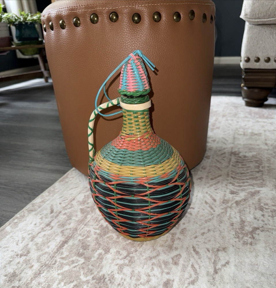 Vintage Spain Wine Bottle Plastic Woven Wicker Handle Empty Boho