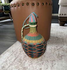 Vintage Spain Wine Bottle Plastic Woven Wicker Handle Empty Boho