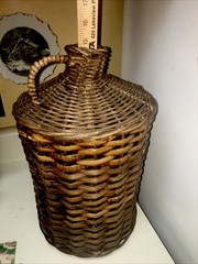 Vintage French Demijohn Wine Bottle Holder Wicker Rattan, 15” Tall