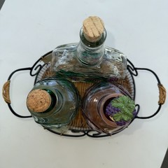 Set Of 3 Glass Embossed Grape Motif WINE Bottles With Basket Corks 7.75” To 9.5”
