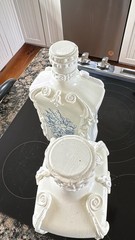 Vtg upcycle style French Country Glass Decanter Bottles White Blue Toile Decor